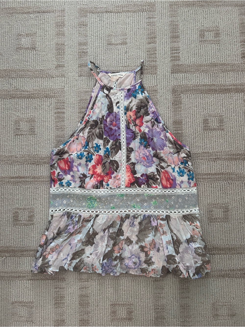 Rebecca Taylor Purple Multi Floral Halter Blouse with Lace Trim